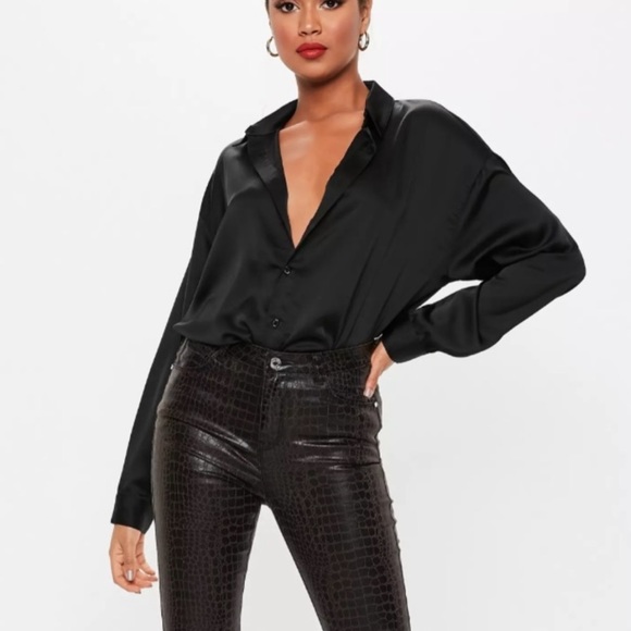 Missguided Tops - Missguided Oversized Satin Button Front Shirt Black Size 8